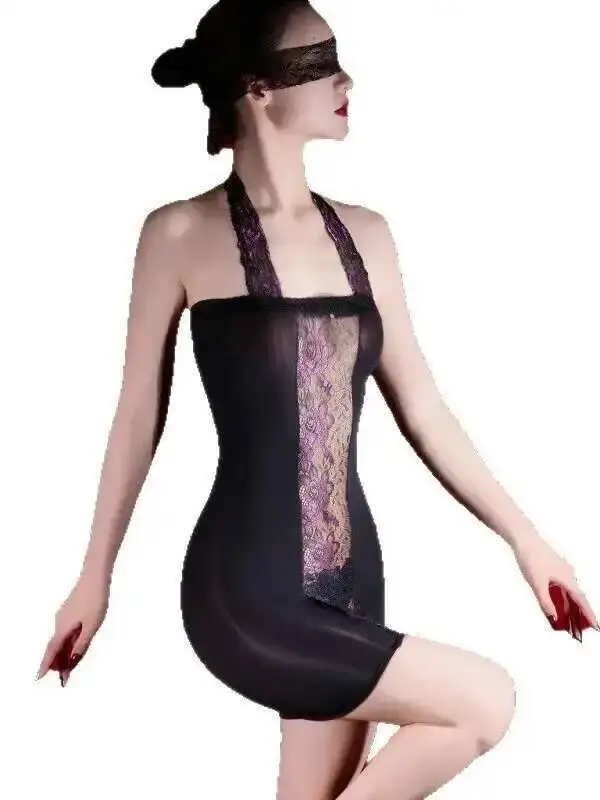 Seksowna Przezroczysta Błyszcząca Jedwabista Gładka Sukienka Mini Bez Ramiączek z Koronkowym Wiązaniem na Szyi Elegancka Sukienka Nocna Nowa Cienka Bluzka 2025 P38B