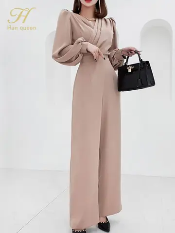 H Han Queen Macacões de negócios elegantes para mulheres, calças largas com decote v, macacão longo casual de cintura alta, senhora do escritório, verão