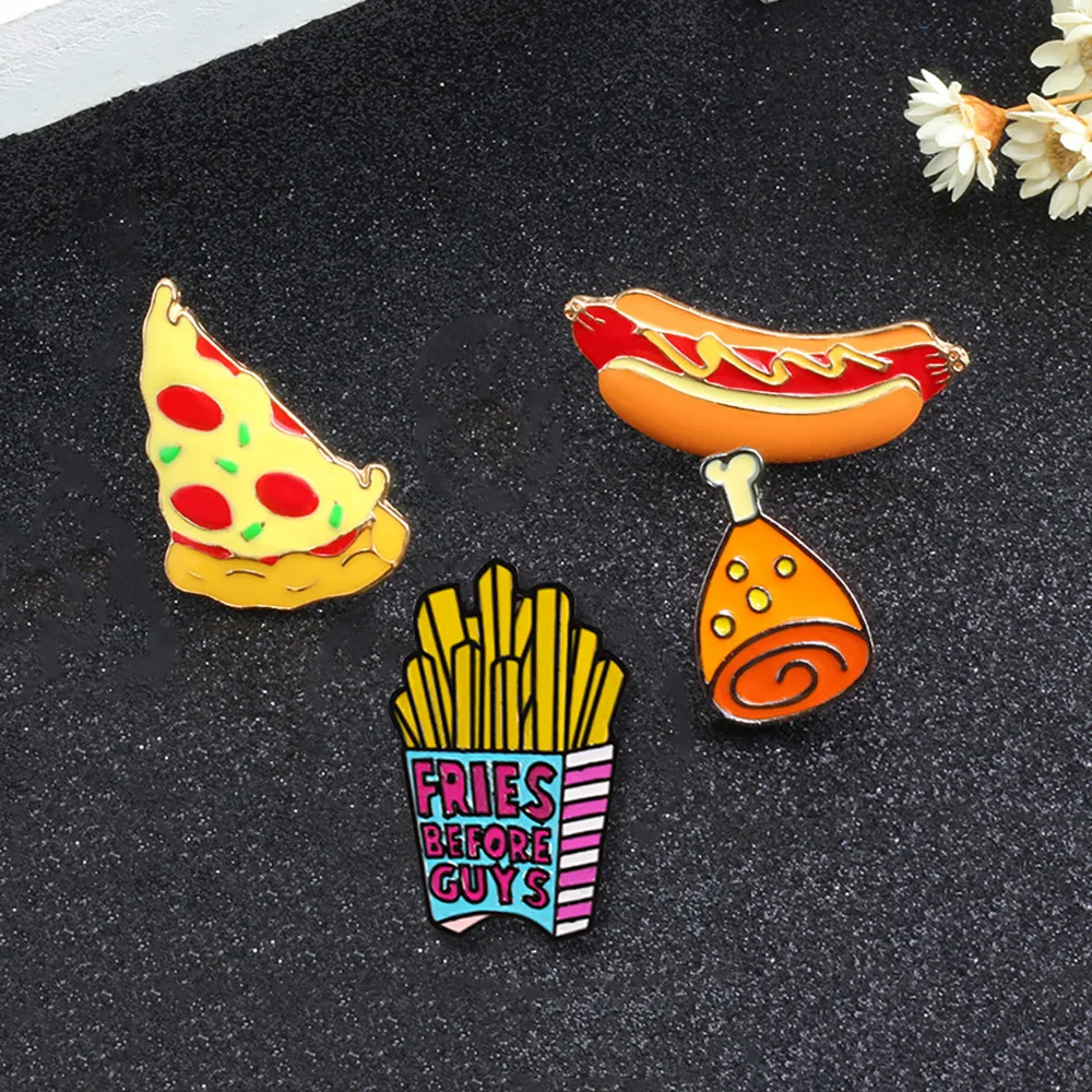 Cartoon Cute Foods Brooch French fries Hamburger Pizza Enamel Badge Sandwich Salad Hot Dog Bag Lapel Pin Jewelry Gift for Friend