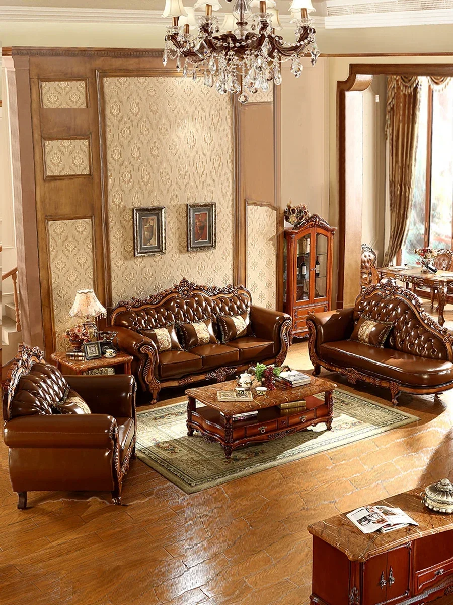 European leather sofa living room combination corner first layer cowhide solid wood carving flower high-grade oak