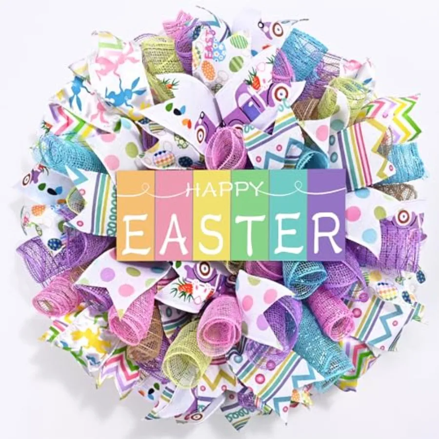 

Easter Wreaths for Front Door 18 Inch Handmade Mesh Bow Spring Wreaths with Wooden Happy Easter Sign in Pastel Colors for Indoo