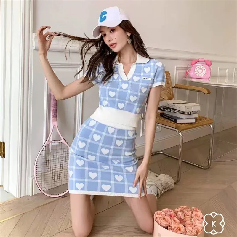 

Korean Summer New Fashion Plaid Women Suit Elegant Lapel Short Sleeved Knitted Top Slim Mini Skirt 2-Piece Set Party Outfits