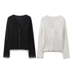 BM&MD&ZA 2024 early autumn new women's casual fashion simple all-match lace long-sleeved stitching knitted cardigan