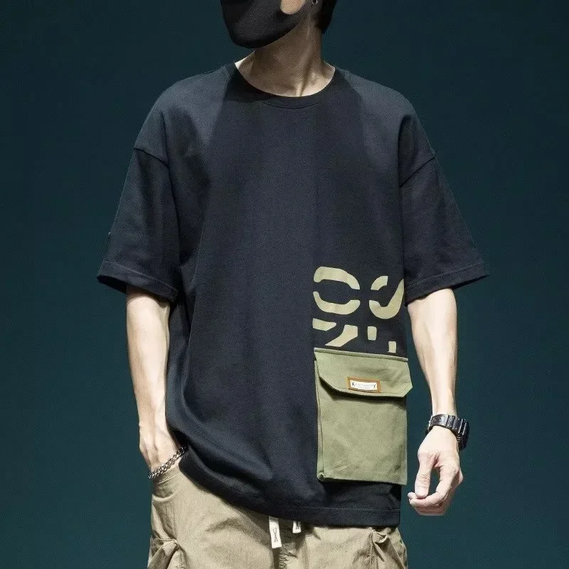 Summer Men's Short Sleeve Letter Printed T-shirt With Cargo Pocket Casual Cotton O-Neck Tops Y2K Streetwear Oversized Tee Shirts image 4