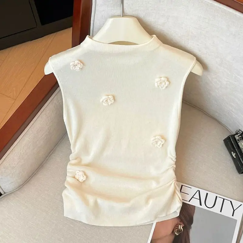Suéter de punto con flores para mujer, chaleco sin mangas con cuello medio alto, Top ajustado de Color sólido, suéter para fiesta y Club