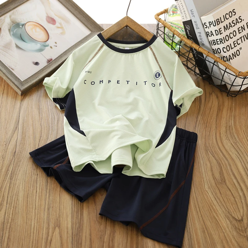 IYEAL  Children Boys Sport Tracksuit 2Pcs, Boys Color Block Quick Dry Short Sleeve Tee + Elastic Shorts Summer Athletic Outfit
