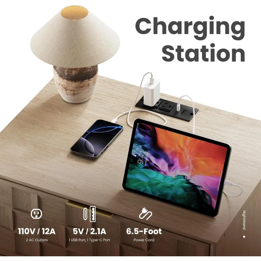 منضدة غرفة نوم حديثة مقاس 22 بوصة مع قاعدة شحن وأدراج تخزين، تتميز بتصميم رقعة الشطرنج