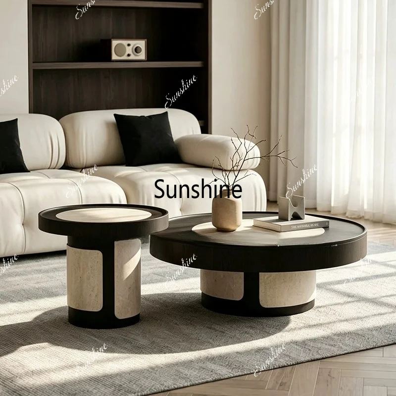 Wabi Sand Wind Imitation Travertine Coffee Table Combination Light Luxury Minimalist Living Room Round Edge Table