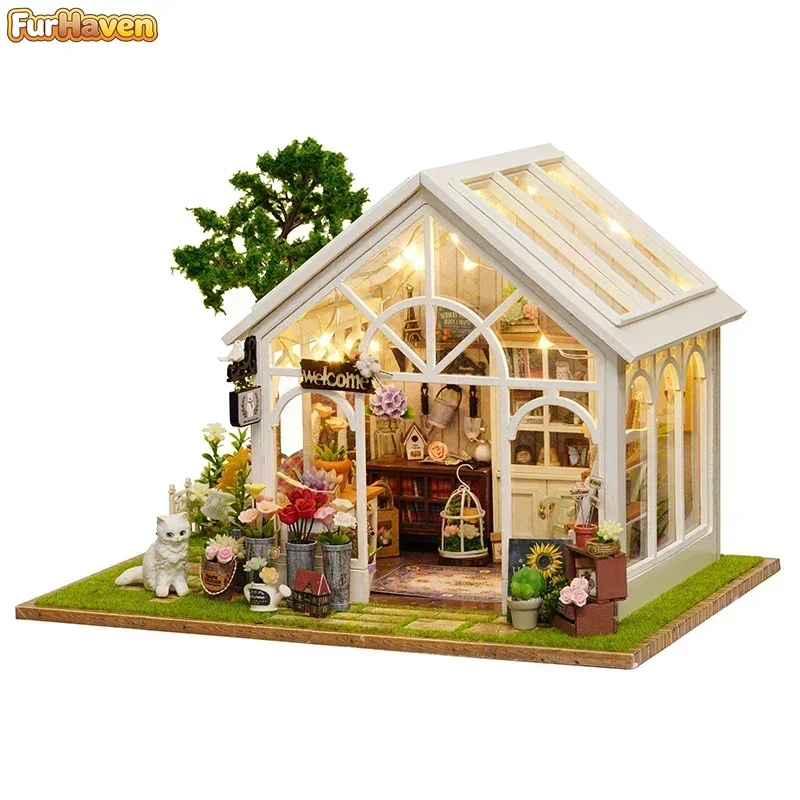 Sunshine Greenhouse Cottage Miniature DIY Wooden Building Kits Doll Houses With Furniture Casa Dollhouses for Friends Gifts