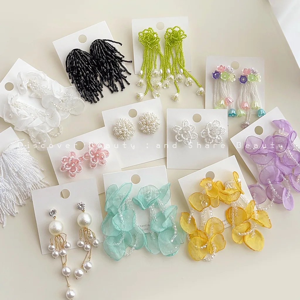 DIY accessories Super fairy French vacation style flower stud earrings handmade beaded fringed earrings temperament show face th