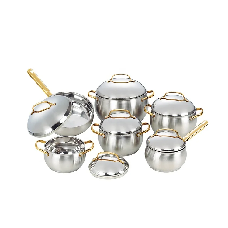 

High Quality Belly Shape Stainless Steel Stock Pot Casserole Cookware Set with Golden Handle