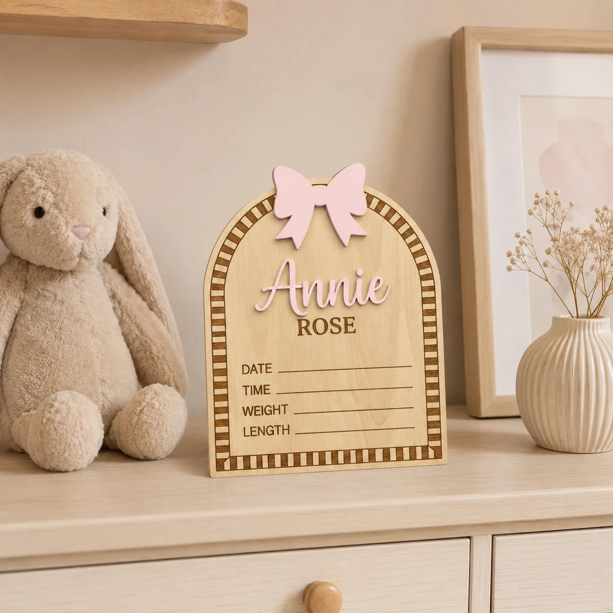 Custom Arch Baby Bow Birth Announcement Wooden Name Plaque,Newborn Photo Prop, Nursery Tabletop Decor, Baby Shower Keepsake Gift