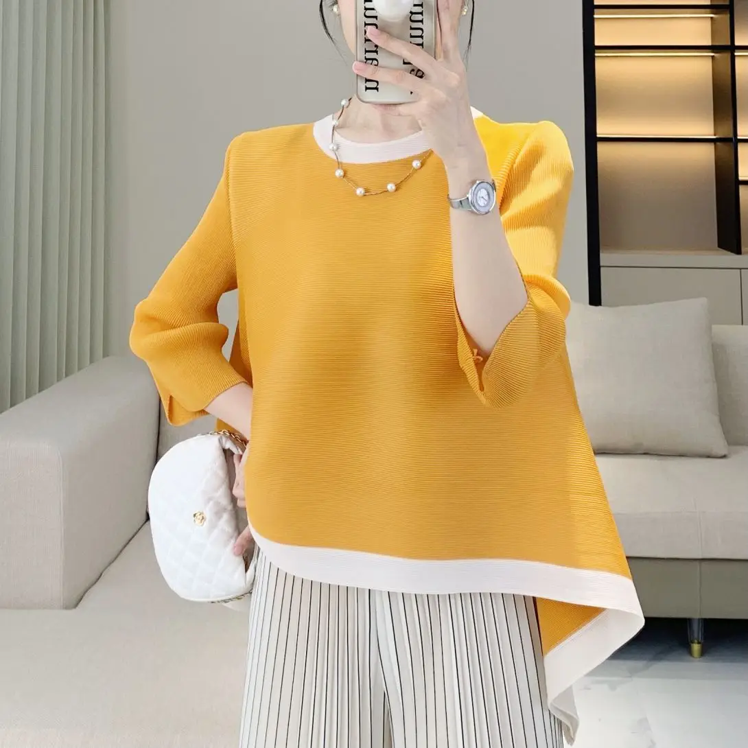 Wrinkle top 2025 summer new women's clothing plus size round neck seven quarter short sleeved t-shirt loose commuting