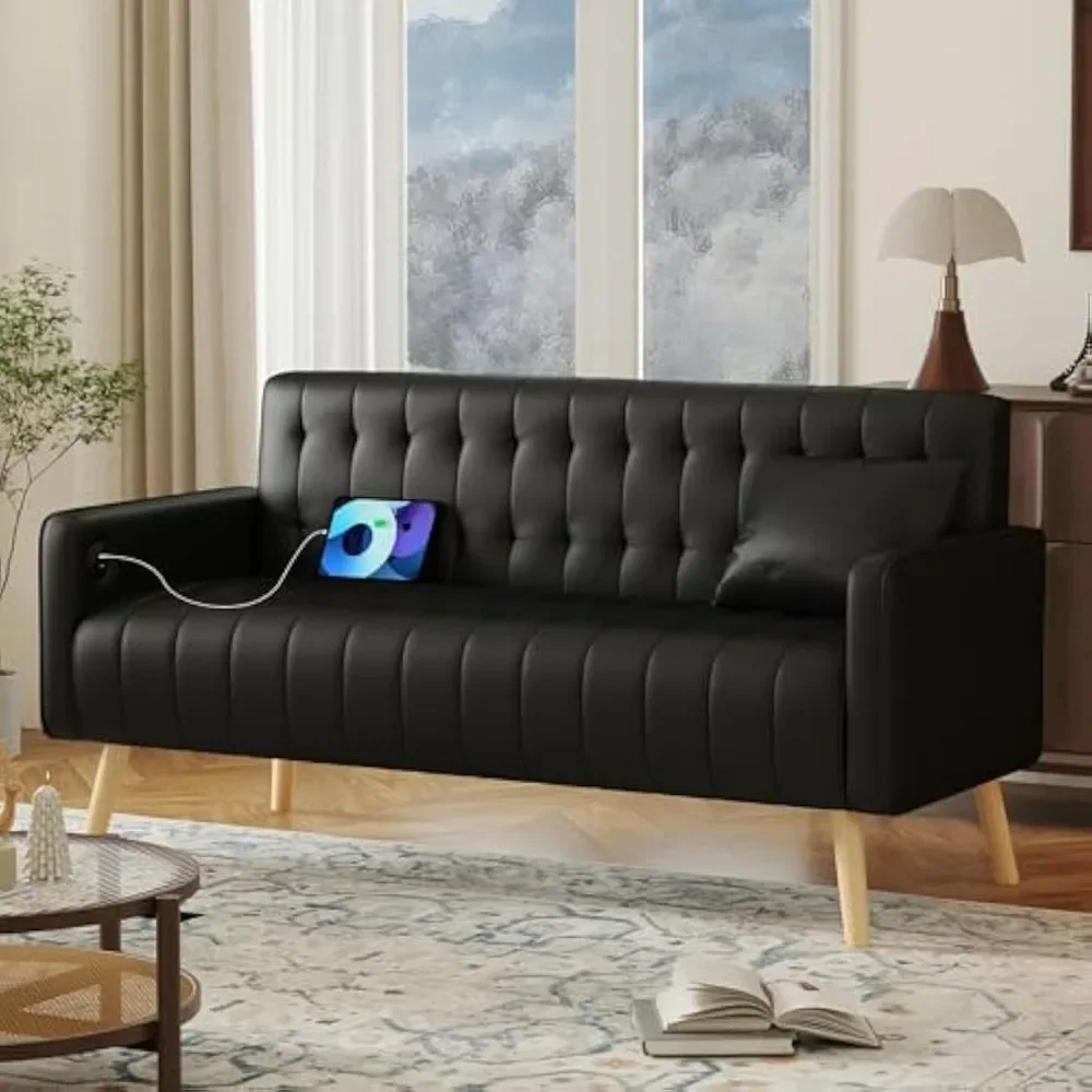 

Black Faux Leather Loveseat with USB Ports, Tufted Design, Mid-Century Mini Sofa for Small Spaces 57
