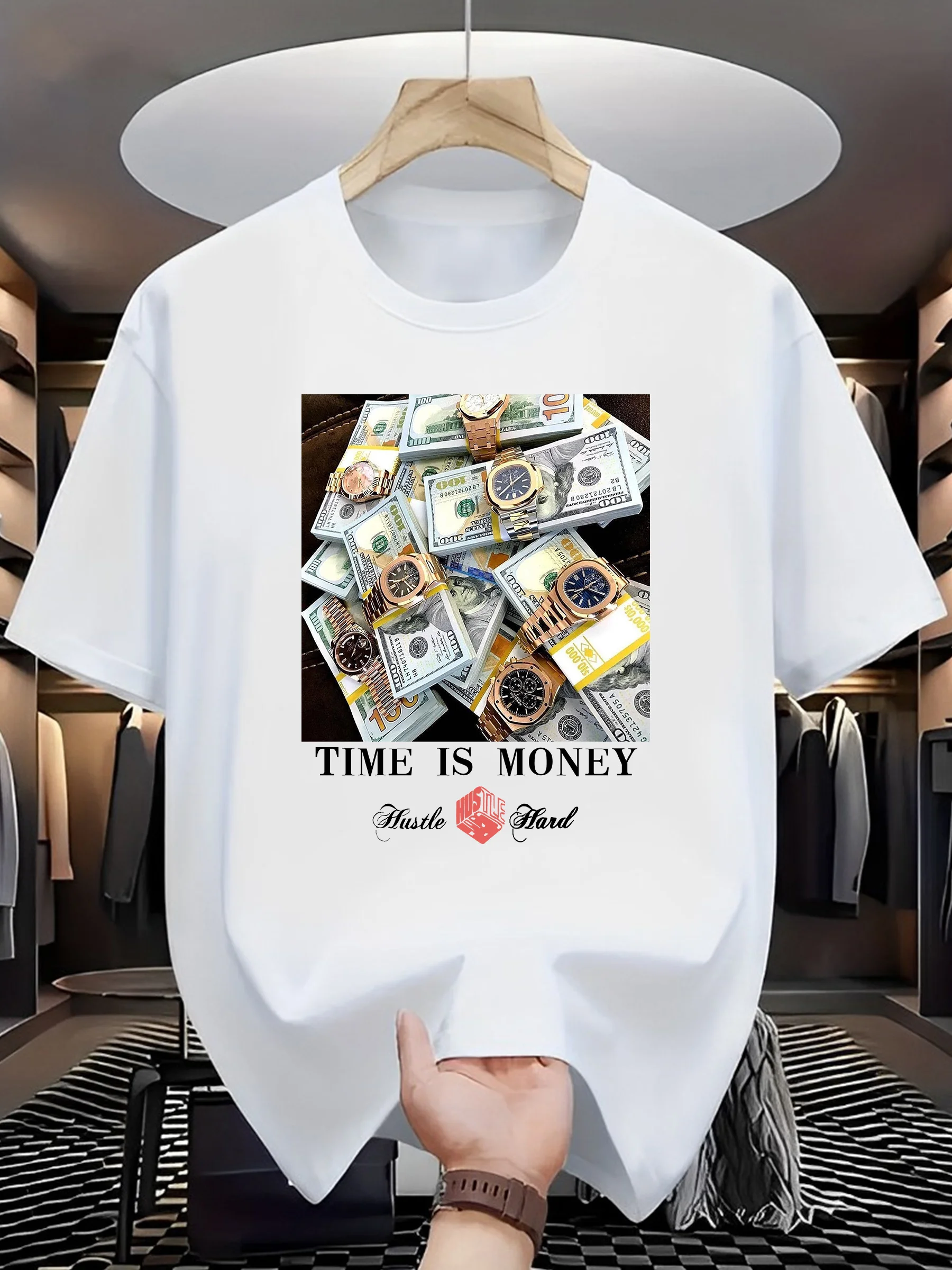 

Men s Time is Money Graphic Tee Soft Beige Casual Summer TShirt with Bold Dollar Bill Print Short Sleeve Crew Neck