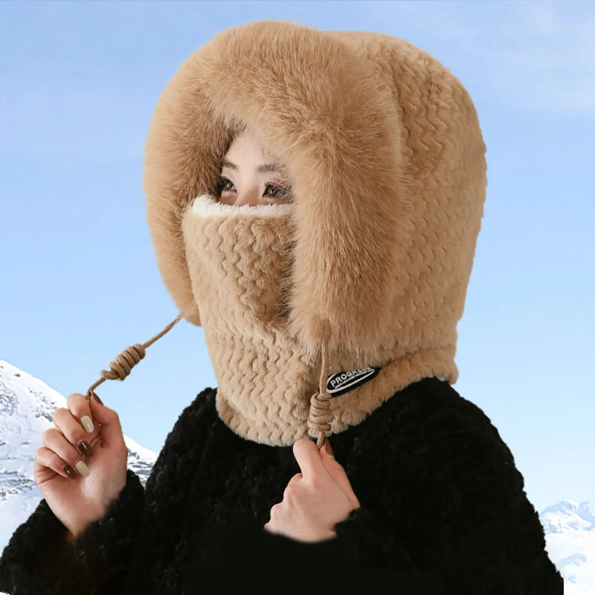 قبعة شتوية سميكة ودافئة لحماية الأذن من قطعة واحدة للرجال والنساء، تصميم مخملي دافئ بحبل سحب قابل للتعديل لركوب الدراجات في الهواء الطلق #2