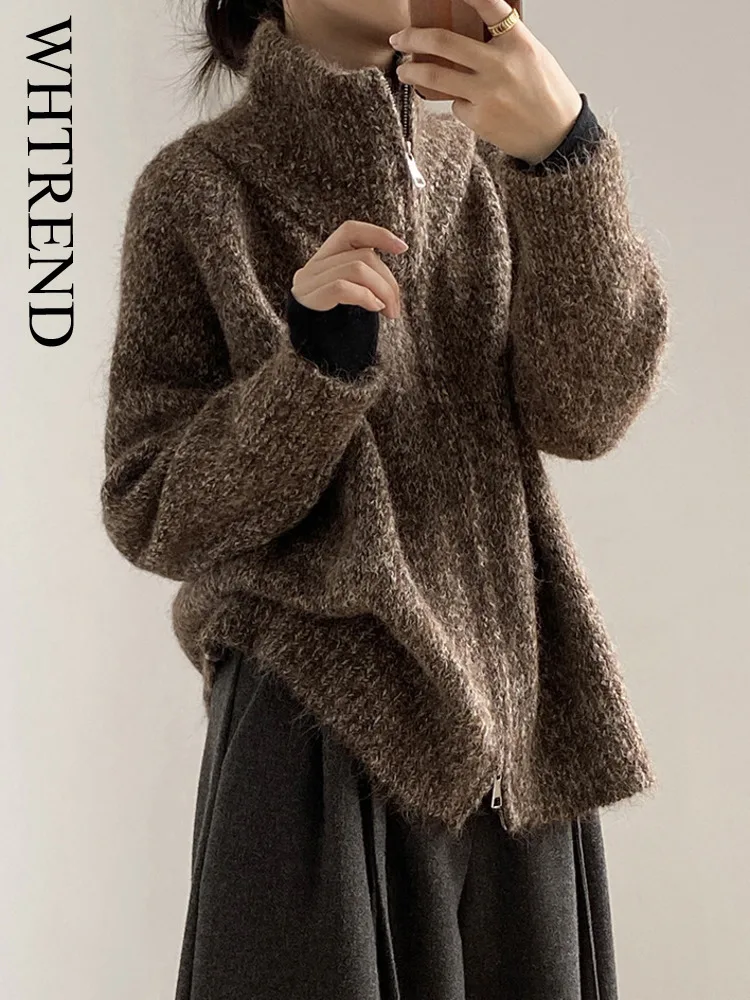 

WHTREND мягкий свободный свитер с высоким воротом пальто для женщин осень-зима нишевый вязаный кардиган на молнии топ WH2141