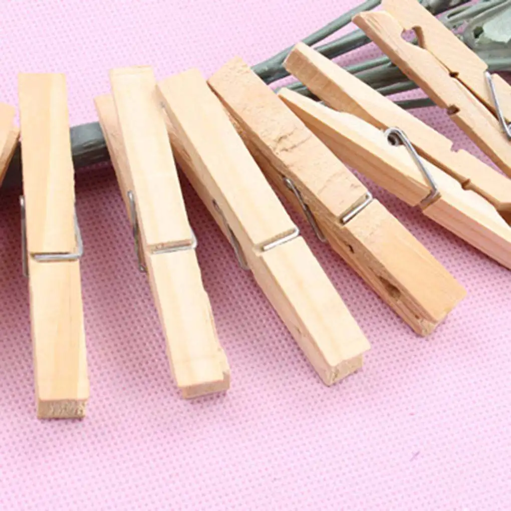 100 Pieces Mini Wooden Pegs Clips with Metal Spring DIY Party Favors for Wedding Clothespins Photos Papers