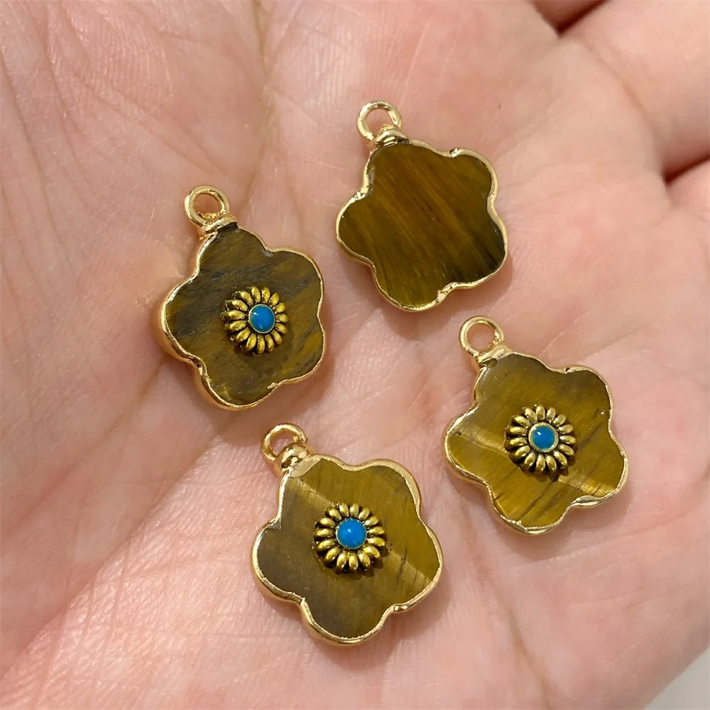 2PCS Retro Flower Natural Stone Rose Quartz & Amazonite Pendants