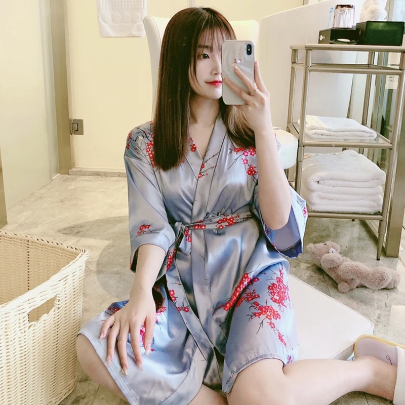 

Silk Spwear Women's Summer Thin ort Sve Nightgown Robe Japanese Sle Kimono Sexy Batobe plus Size Home Clothes