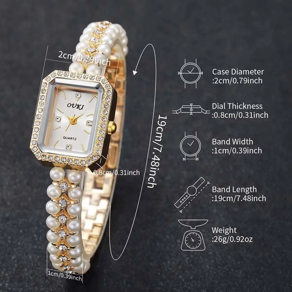 Fashion Square Women Watches Elegant Imitation Pearls Strap Quartz Wristwatch Reloj Mujer（Without Box）