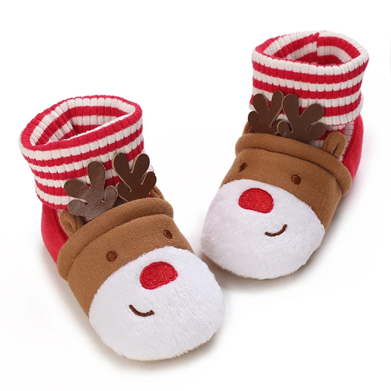 Baby Girls Boy Cotton Booties Christmas Pattern Crib Shoes Baby Floor Socks Shoes Anti-Slip Sole Fleece Winter Boots for Infant