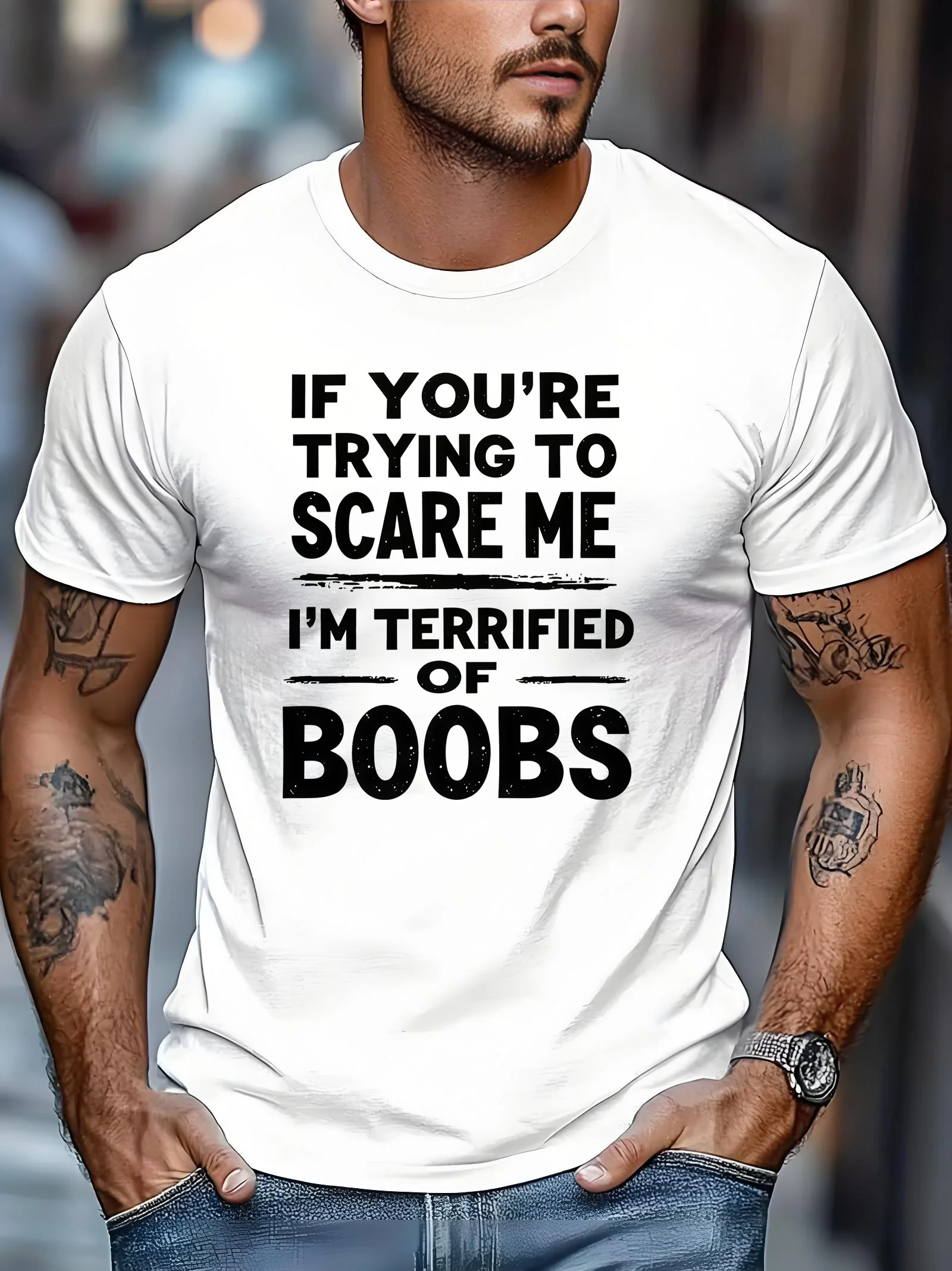 Men's outdoor casual sports T-shirt, humorous cautionary crew-neck T-shirt