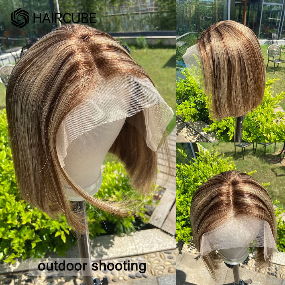 HAIRCUBE Human Hair Wigs Short Straight Bob Wig for Women Brown Blonde Highlight Wig Women\'s Medium Length T Part Lace Front Wig