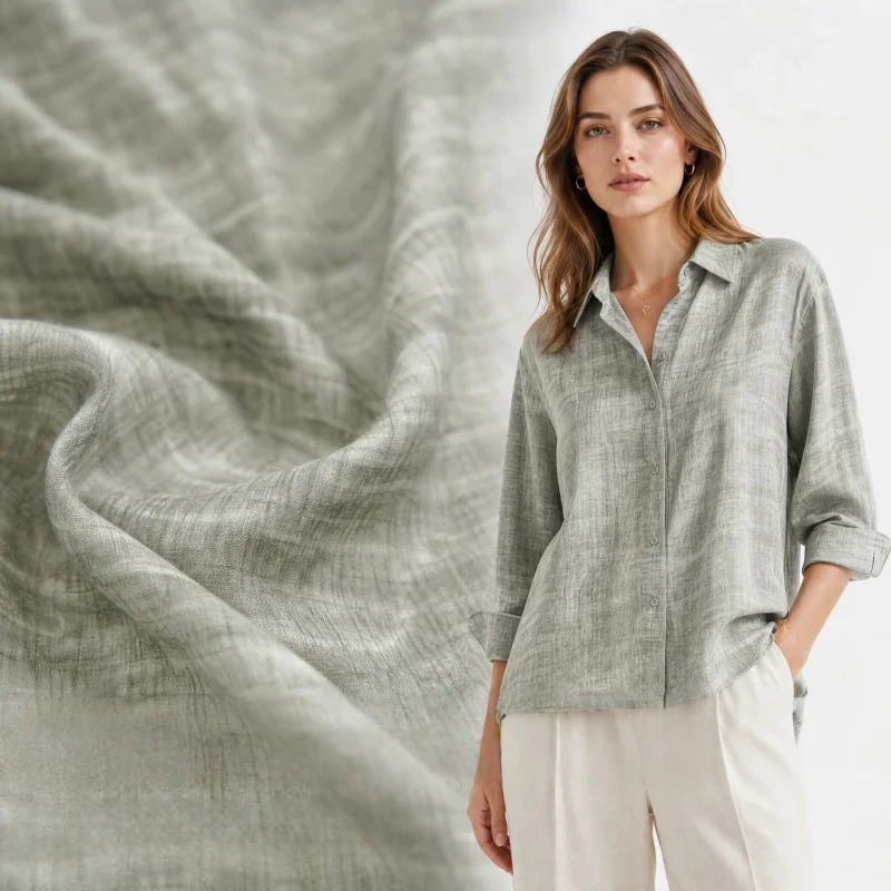 Slightly translucent and draping Gray-toned irregular textured wrinkled Tencel linen fabric for shirt dresses and Hanfu garments