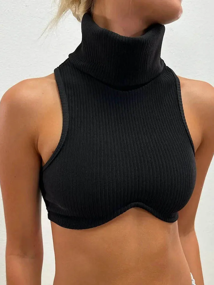 Y2k Black Knitting Turtleneck Crop Top Women Sexy Irregularity Skinny Elasticity Tank Top Fashion Club Top Streetwear