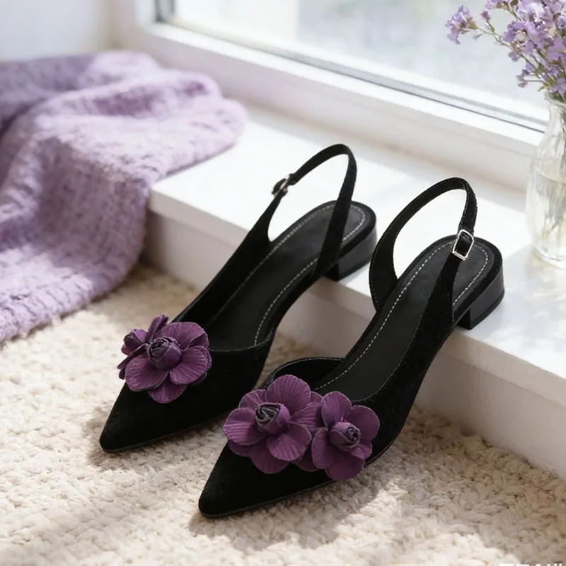 Flower Heeled Sandals Women's Pointed Toe Elegant Heels Shoes New Sexy Slingback Slippers Suede Fashion Party Mujer Sandalias - view 4