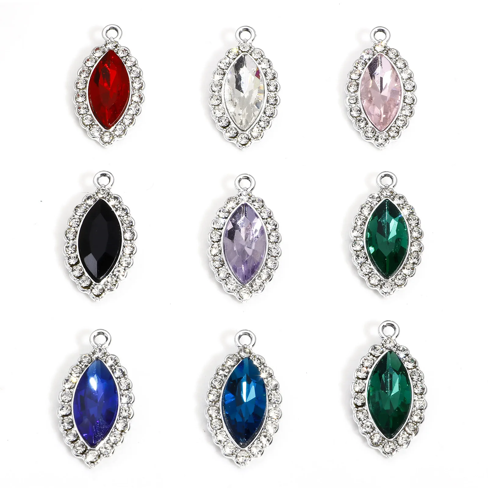 10pcs Zinc Based Alloy Charms Silver Color Multicolor Marquise With Glass Cabochons Clear Rhinestone 25mm x 13mm