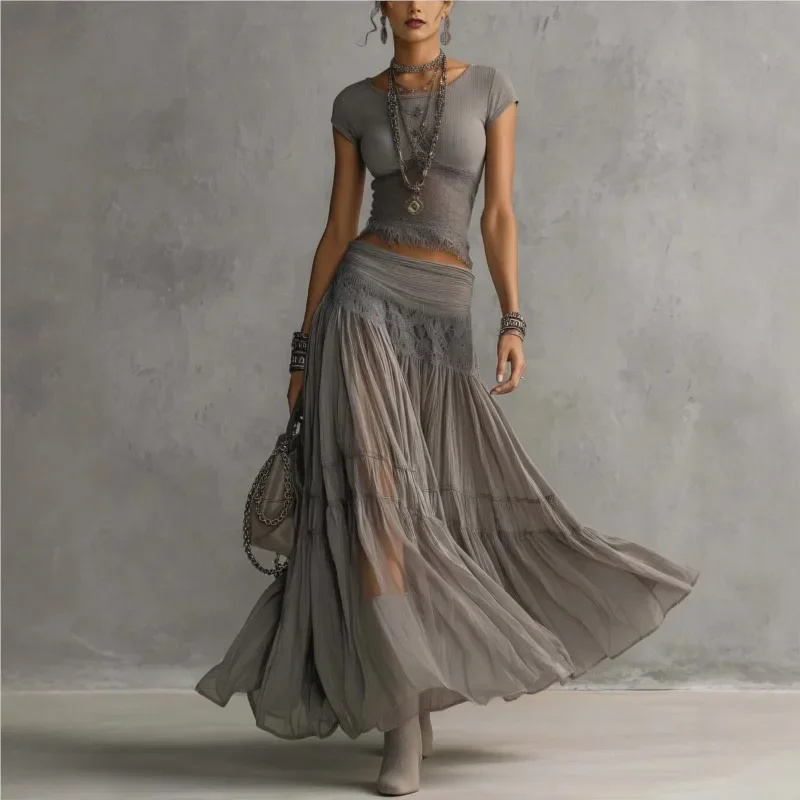 

Chic Women Maxi Dress 2 Pieces Sets Solid Slim Fit Short Sleeved Top with Lace Splice Drawstring Elasticity High Waisted Skirt