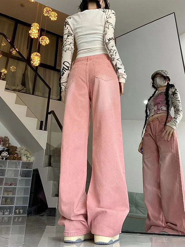 Pink Baggy Jeans Woman High Waist 2023 Autumn Winter Wide Leg Denim Trouser Streetwear Design Vintage Straight Jean Pants Female