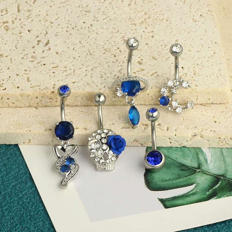 Royal Blue Belly Button Rings 14G Planet Navel Piercing Barbell Jewelry Heart Belly Rings Cute Body Piercing Ombligo Mujer