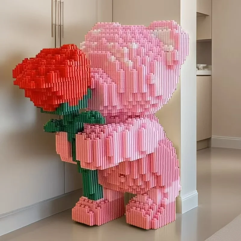 3584-Piece Building Block Set, Rose Bear, Romantic Bear Holding Roses, Suitable for Gifting, Great Choice for Couples and Parents, High Difficulty to Assemble