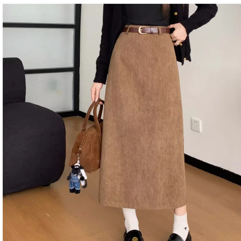 Women Vintage Corduroy Midi Skirt High Waisted Slim Fit Elegant Split Office Casual Autumn Winter Solid Color Pencil Bottoms