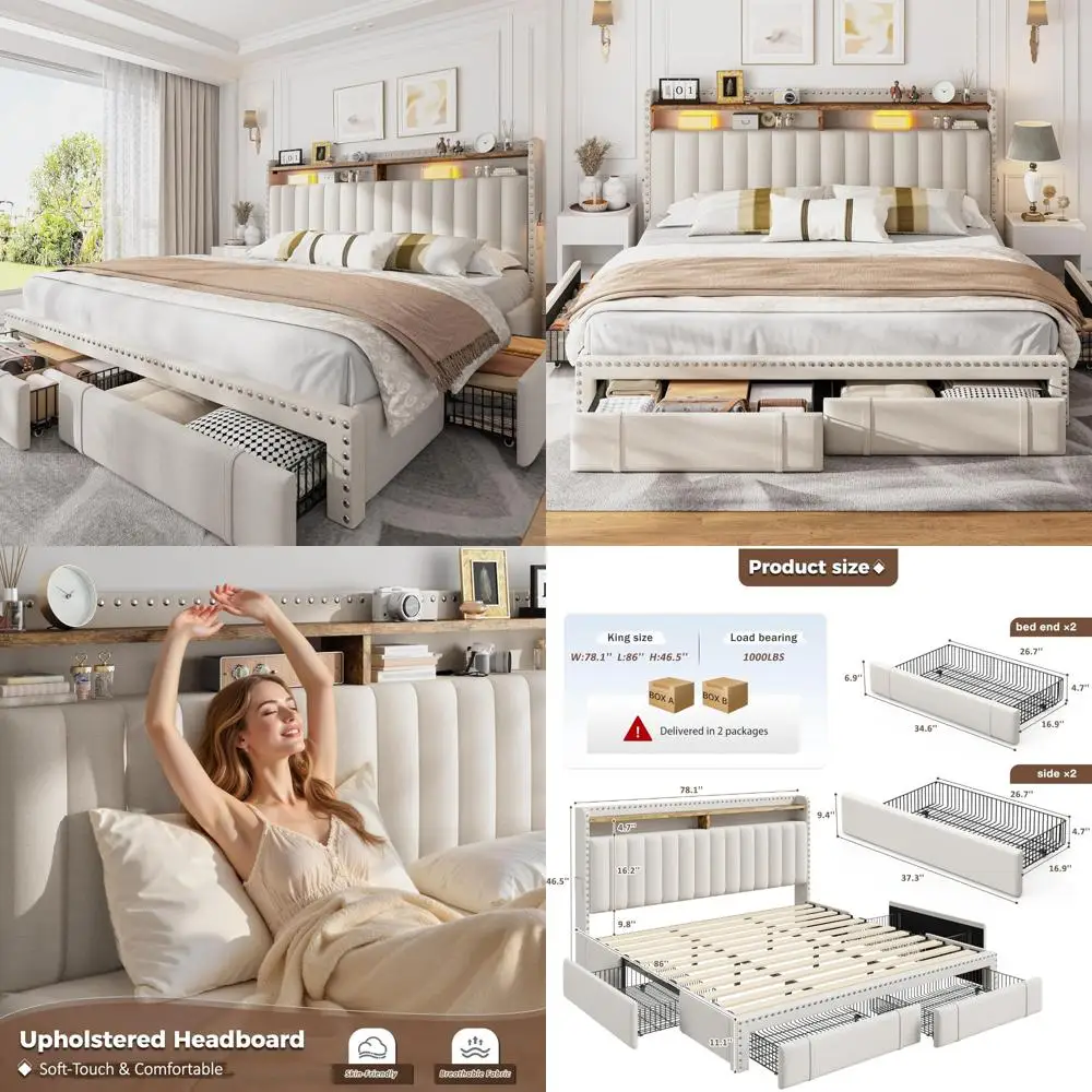 

King Size Storage Bed Frame with 4 Drawers, Platform Style Bed Base, 2-Tier Headboard Storage and Mattress Support