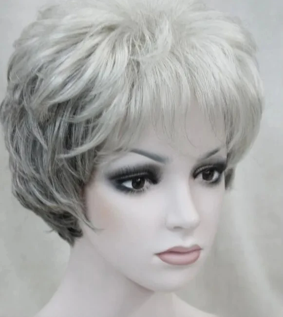 WIG Gray white Mixed middle aged women elderly Ladies Fluffy full Wigs