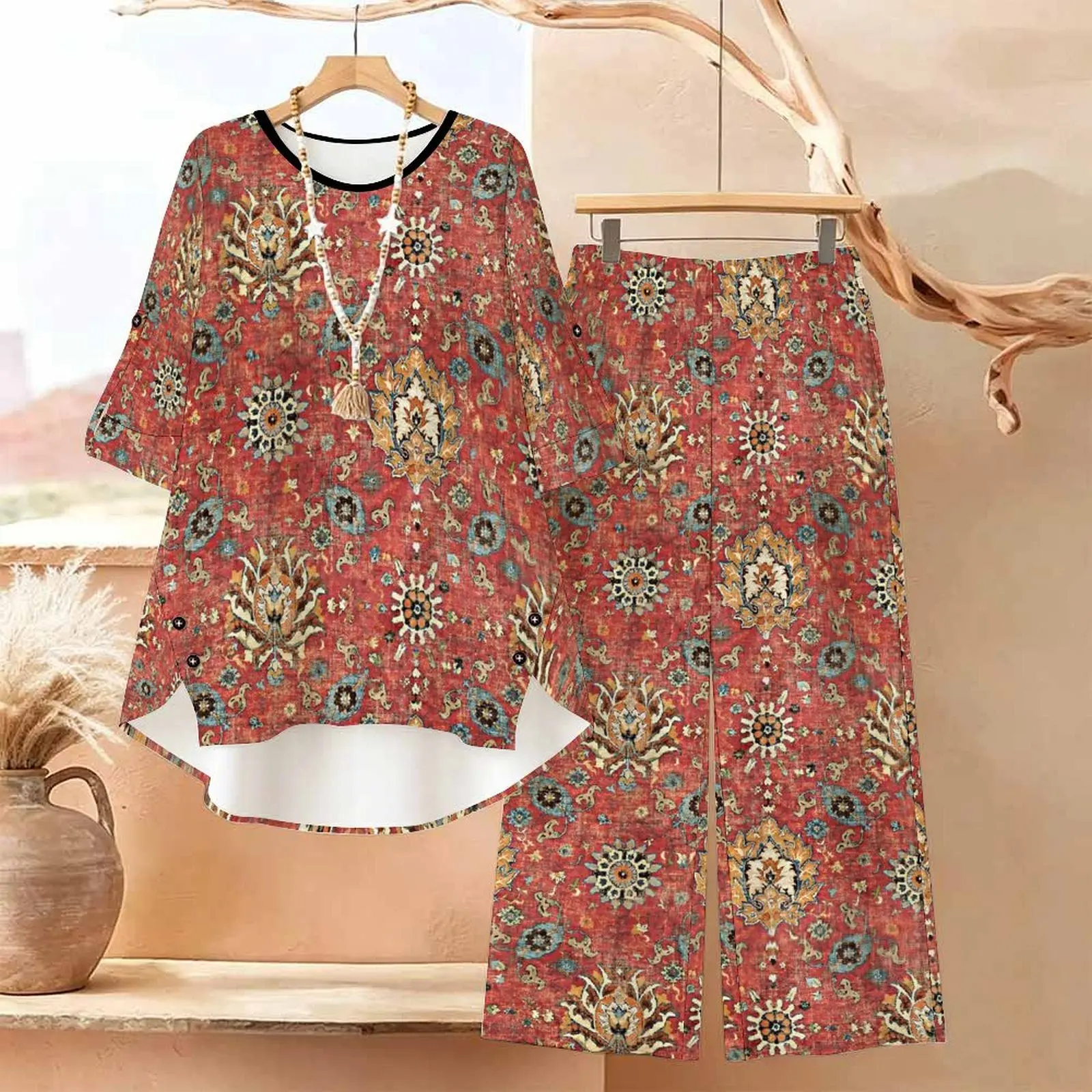 Fashion Suit Autumn Women's Casual Sweatpants Round Neck Two-Piece Set Printed Pants Elegant Top Button Long-sleeved