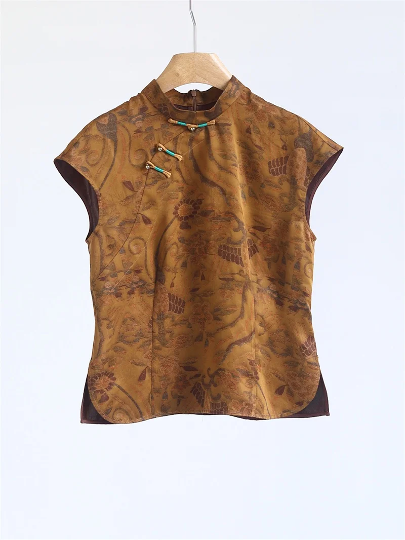 

Новая женская модная блузка в китайском стиле из шелка с узором «Красное облако», приталенная, весна-лето, с коротким рукавом, воротником-стойкой и традиционной вышивкой