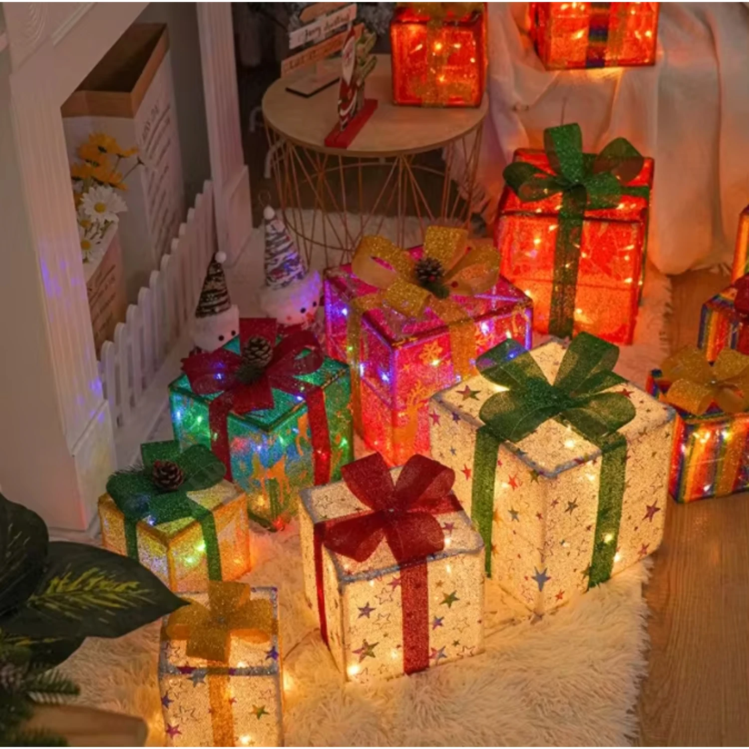 Merry Christmas Holidays Festival Party Supplies Set Gift Present Boxes Shape LED Lights For Outdoor Decoration