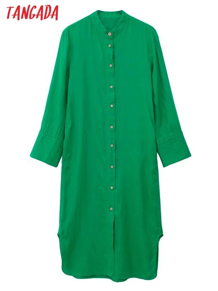 Tangada 2022 Fashion Women Green Cotton Loose Shirt Dress Buttons Long Sleeve Casual Ladies Midi Dress 3H372