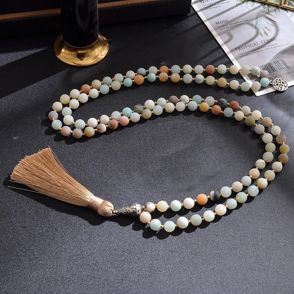 8mm Natural Mattle Amazonite Beaded Knotted 108 Mala Necklace Meditation Yoga Prayer Japamala Rosary For Men and Women