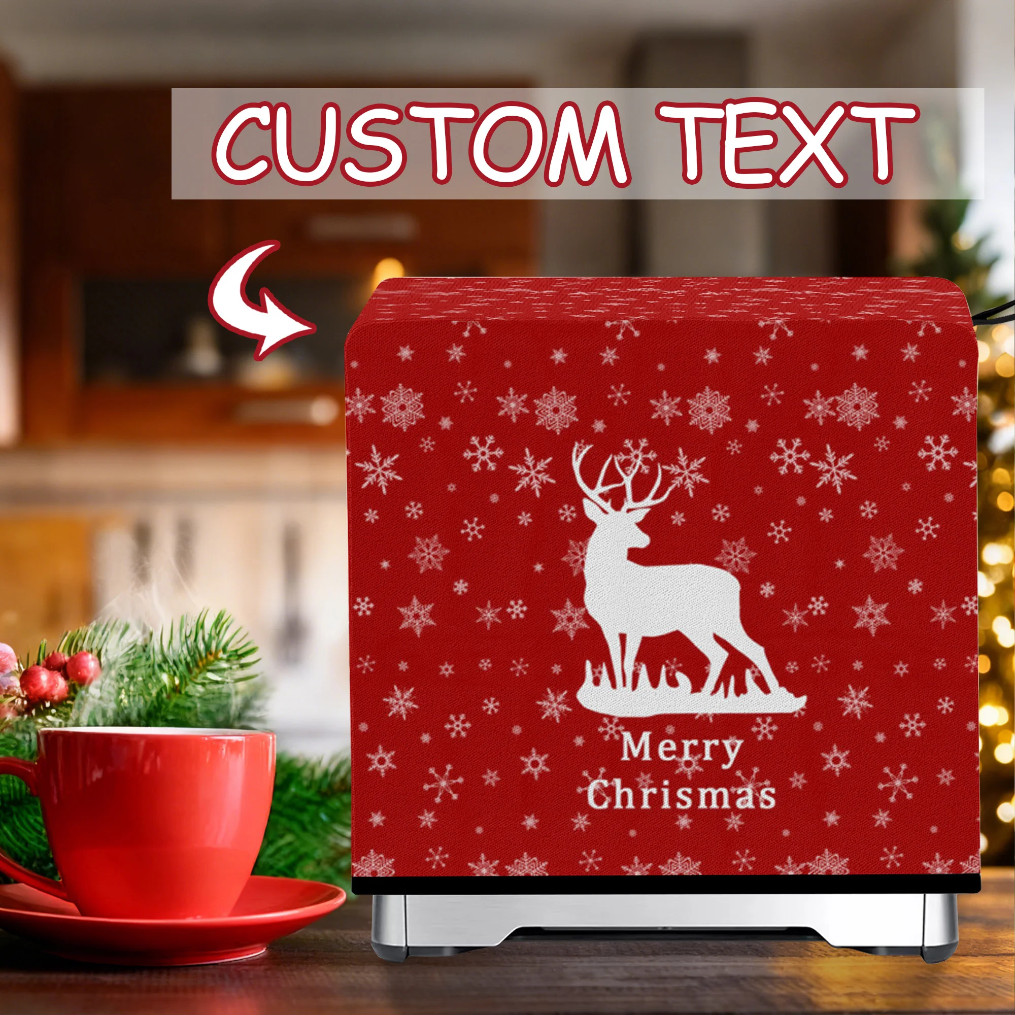 1pc Personalized Christmas Coffee Machine Cover Custom Name Text Red Snowflake Reindeer Dust Cover for Kitchen Holiday Decor
