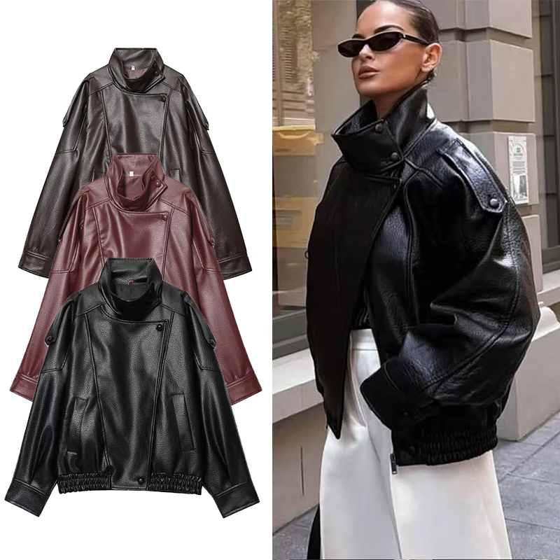 

TFMLN Casual Chic Black Leather Jackets Women Long Sleeve Buttons Elastic Oversized Coats Fashion Streetwear Coats