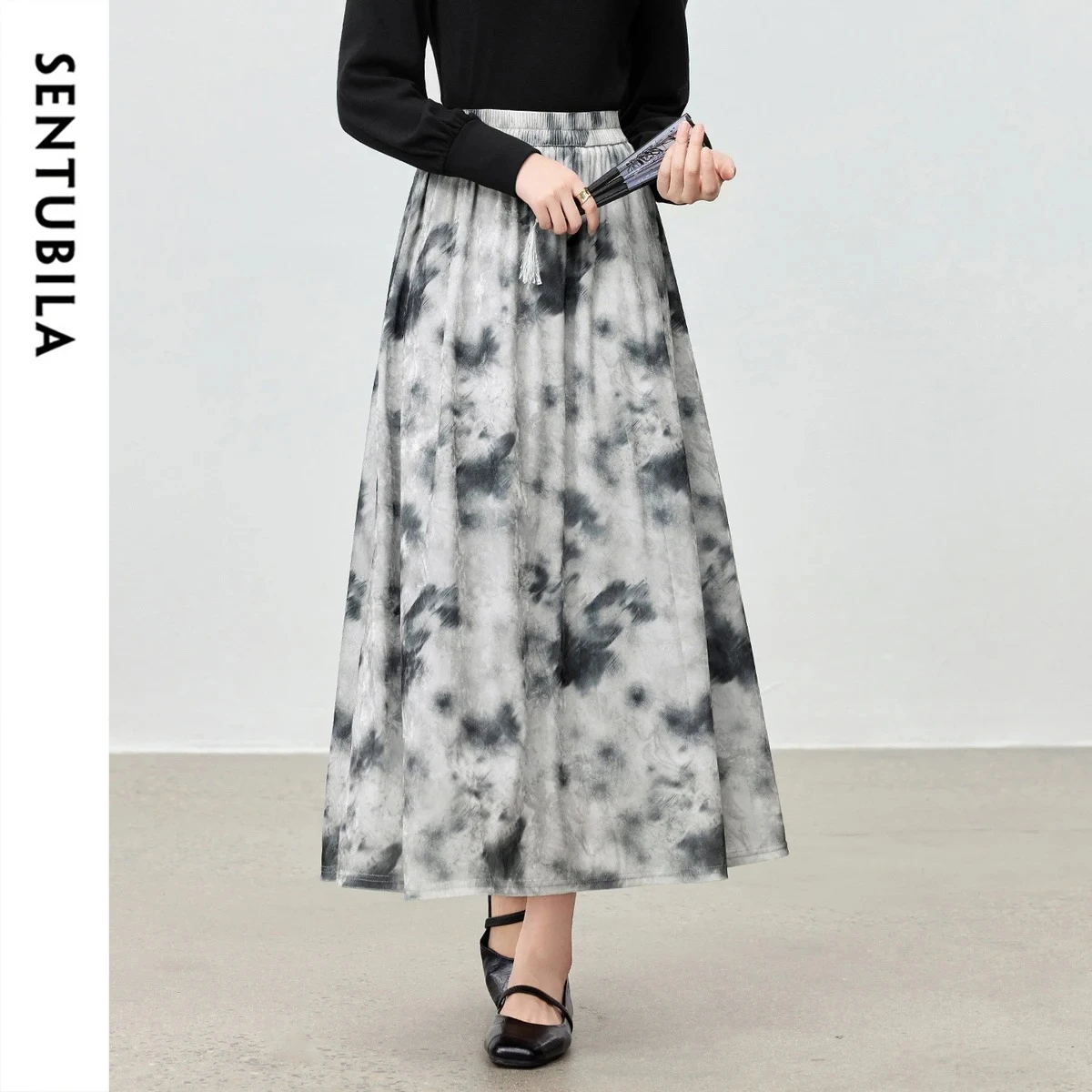 SENTUBILA Tie-Dye Print Velvet Midi Skirt for Women 2026 Spring Fall Elastic Waist Loose Elegant Skirt Woman Clothes Q53QG3502