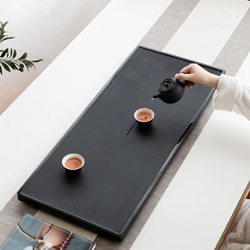 Simple Practical Ebony Stone Tea Tray Home Use Whole Stone Tea Tray with Drainage Pipe Home Gift