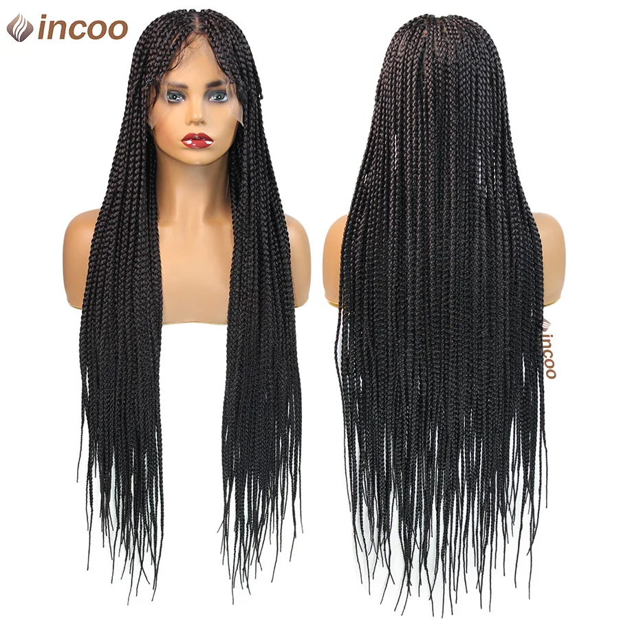 Pelucas trenzadas de encaje completo con flequillo, trenzas Jumbo sintéticas, caja sin nudos Locs, cabello trenzado de aciano para mujeres