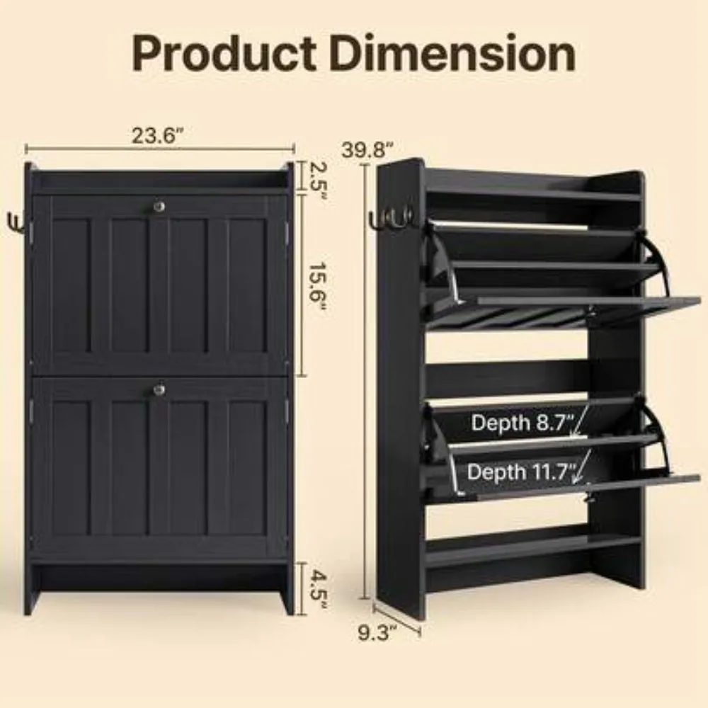 Shoe Cabinet With 2 Flip Drawers, Shoe Organizer Storage For Entryway, Freestanding Narrow Rack Cabinet With Space-Saving Design, For Hallway Closet Bedroom, Black view 5